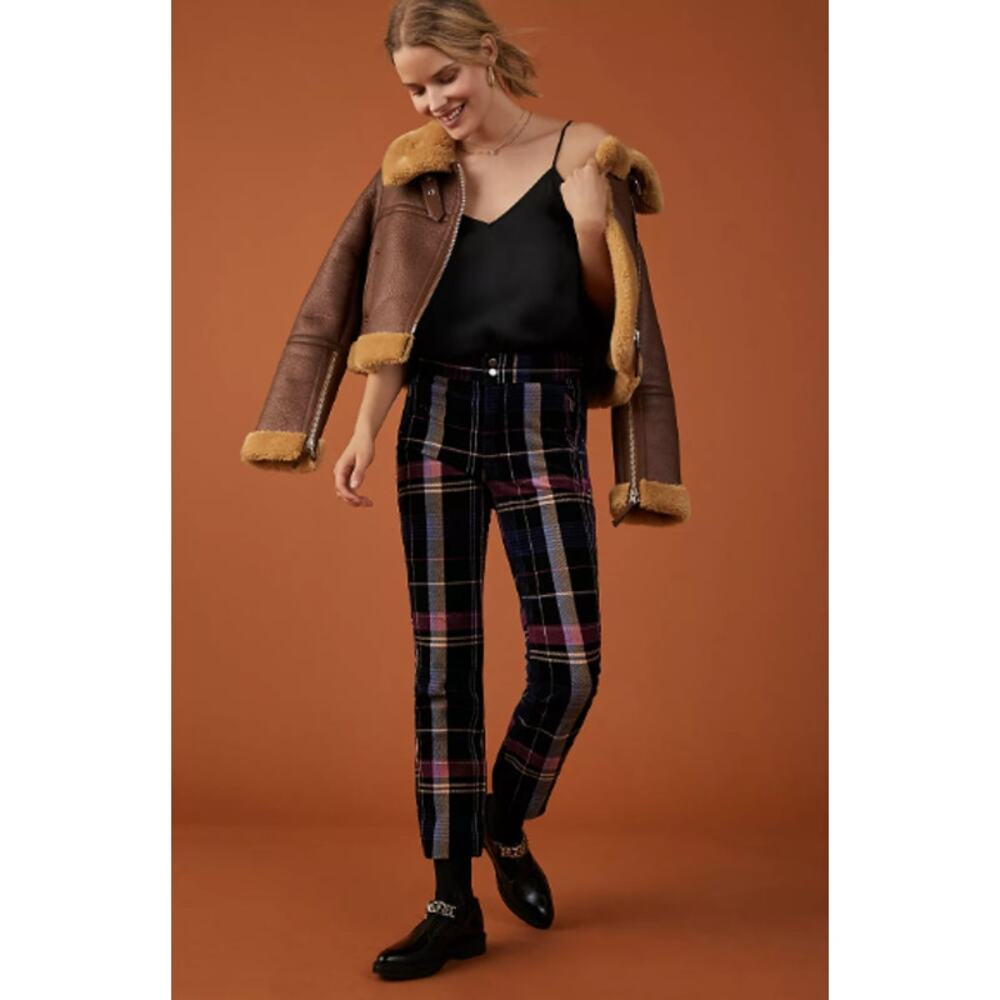 Anthropologie Women's Alicia Plaid Moto Corduroy Zip High Waist Pants Size 27